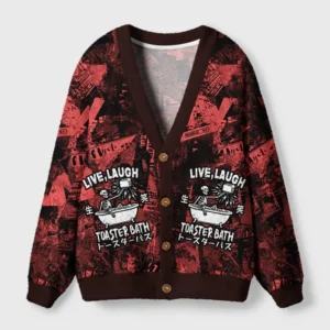 Front view of the dark red cardigan featuring 'live laugh toaster bath' design with skeletons.