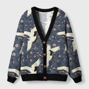 Front view of the white crane japan cardigan sweater featuring elegant crane designs on a navy background.