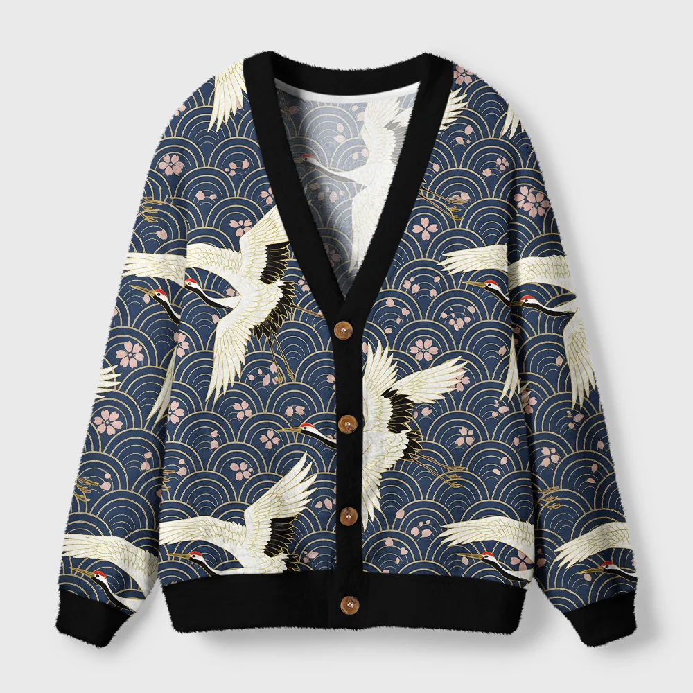 White Crane Japan Cardigan Sweater Front view of the white crane japan cardigan sweater featuring elegant crane designs on a navy background.