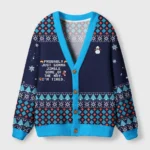 Front view of the Too Tired to Jingle cardigan sweater, featuring a navy color and playful Christmas design with text.