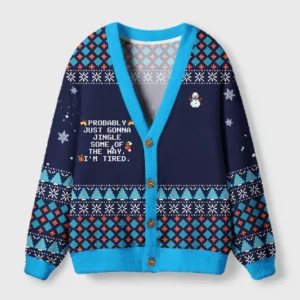 Front view of the Too Tired to Jingle cardigan sweater, featuring a navy color and playful Christmas design with text.