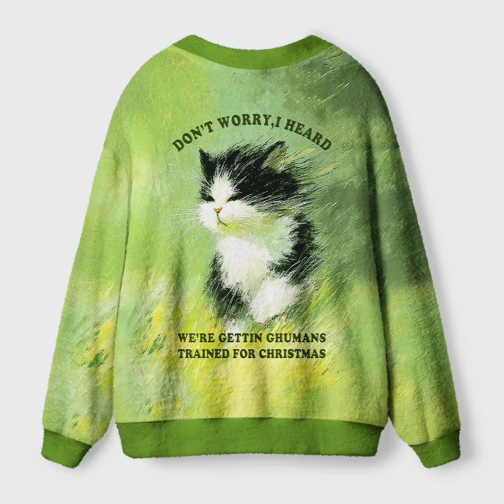 Humans Are Trained Cat Cardigan | Funny Cat Design Back angle of the humans are trained cat cardigan showcasing the cozy fabric and unique cat print details.