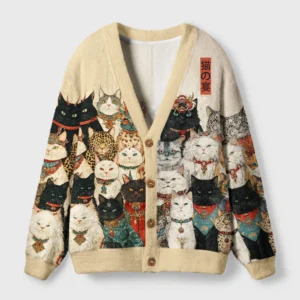 Front view of the Cats Grand Banquet Cardigan Sweater featuring a whimsical design of various cats in vibrant colors.
