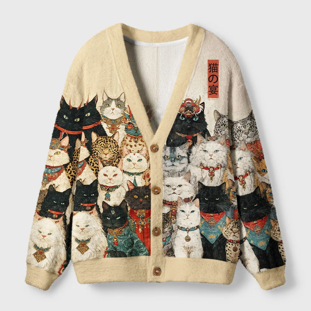 Cats Grand Banquet Cardigan Sweater Front view of the Cats Grand Banquet Cardigan Sweater featuring a whimsical design of various cats in vibrant colors.