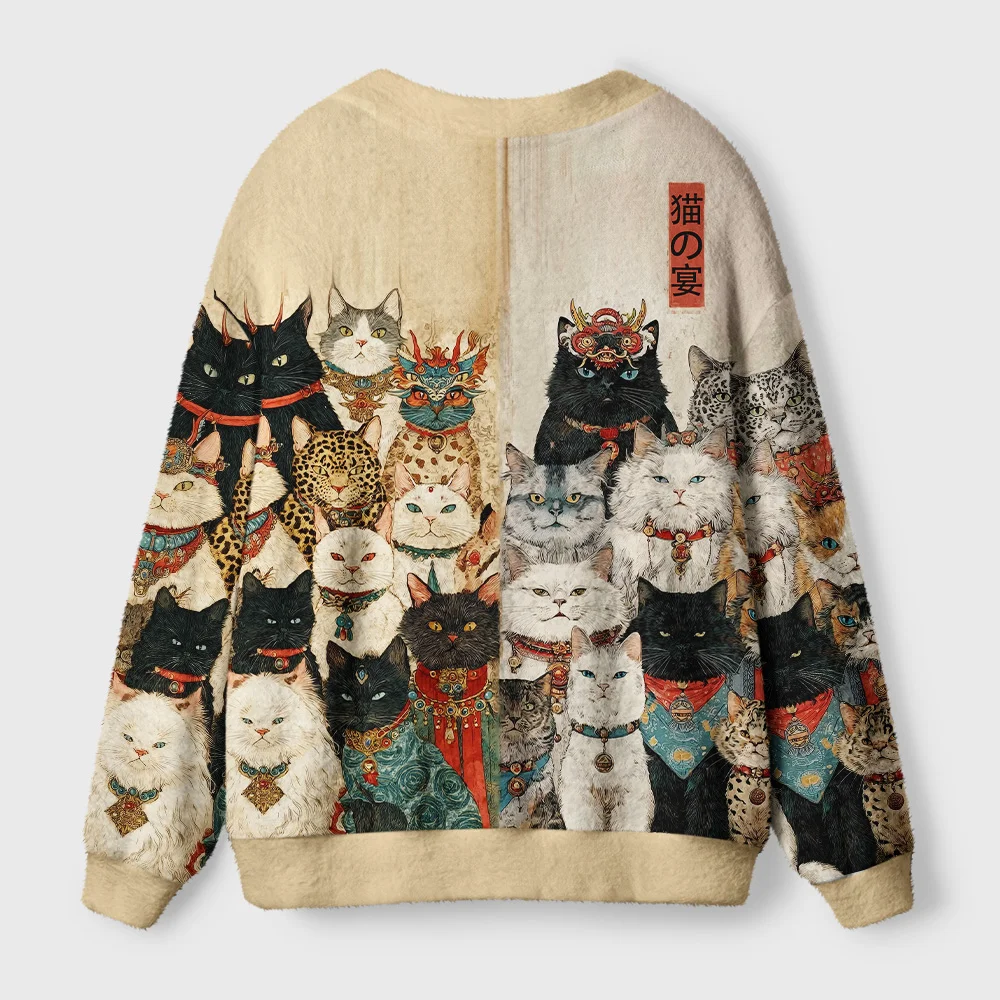 Cats Grand Banquet Cardigan Sweater Back view of the Cats Grand Banquet Cardigan Sweater showcasing a cozy fit and playful cat motifs in a beige hue.