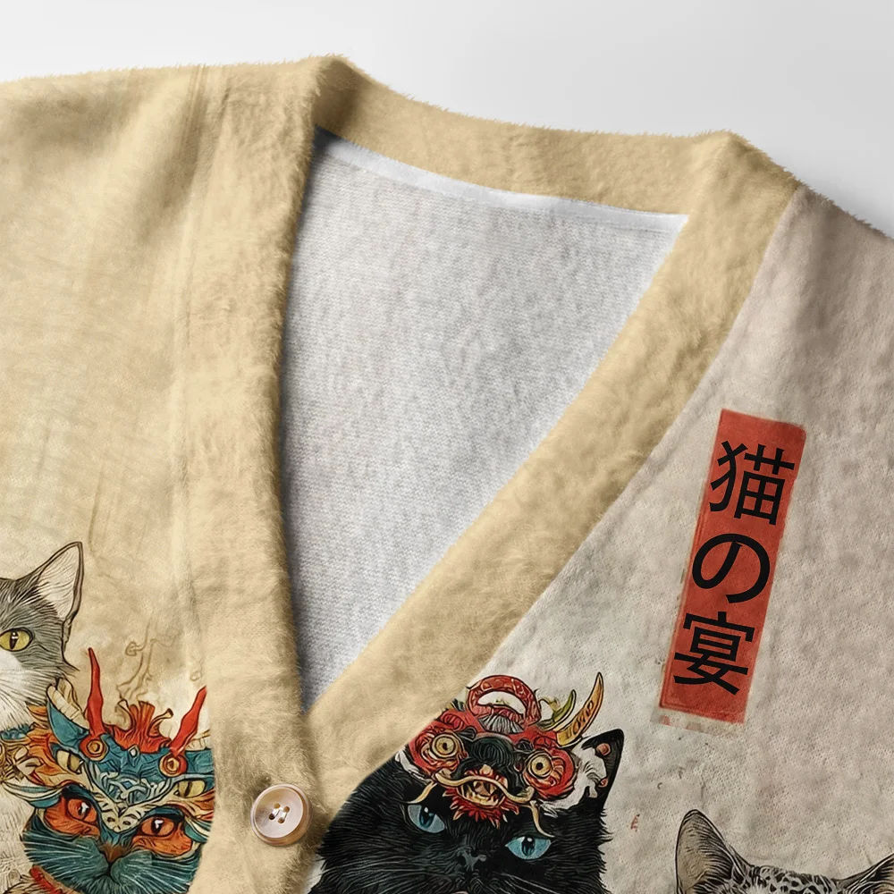 Cats Grand Banquet Cardigan Sweater Close-up of the Cats Grand Banquet Cardigan Sweater's detailed cat illustrations, highlighting the intricate design and textu