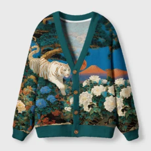 Front view of the white tiger ukiyo-e cardigan sweater with vibrant tiger design and floral details.