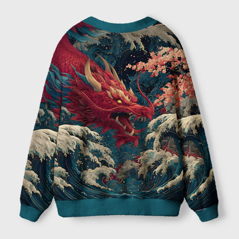 Red Dragon Ukiyo-e Cardigan Sweater Back view of the red dragon ukiyo-e cardigan sweater showcasing intricate details of the dragon art.