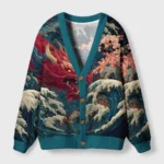 Front view of the red dragon ukiyo-e cardigan sweater featuring vibrant dragon and wave designs.