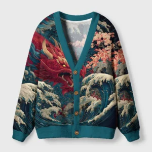 Front view of the red dragon ukiyo-e cardigan sweater featuring vibrant dragon and wave designs.