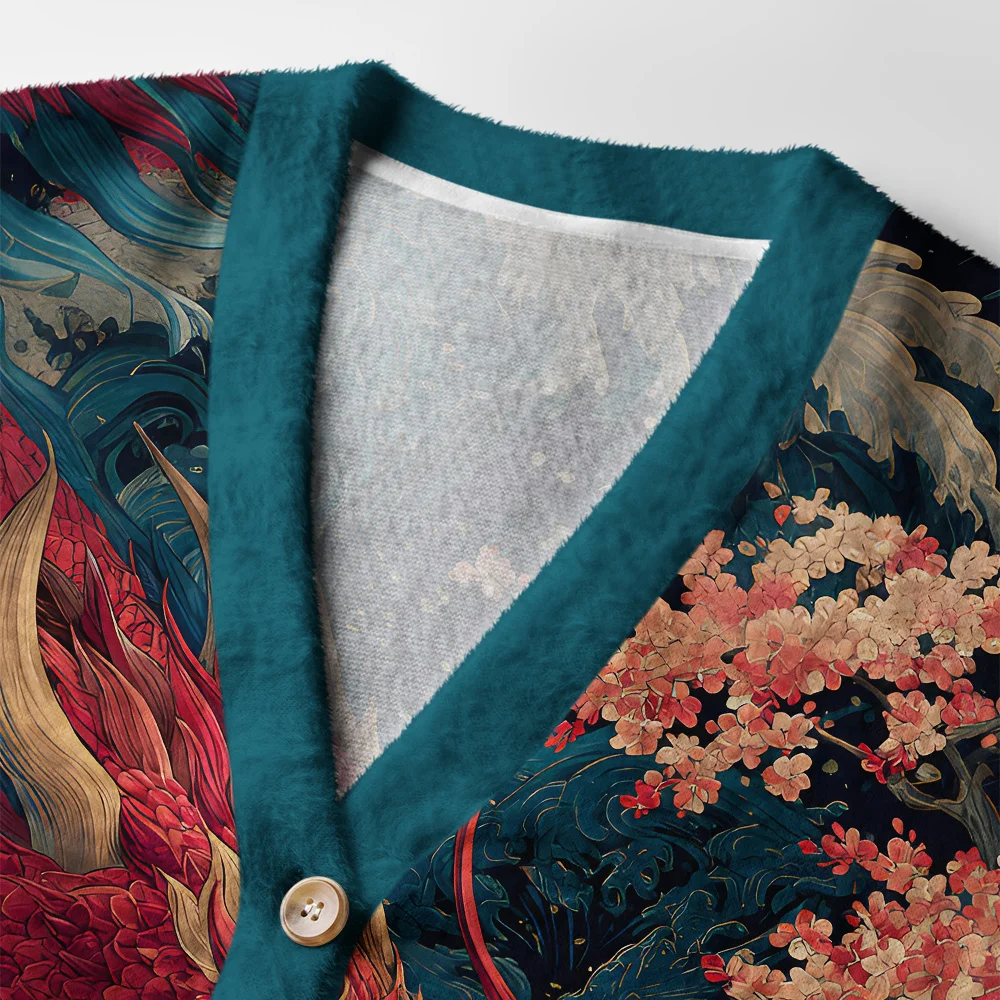 Red Dragon Ukiyo-e Cardigan Sweater Close-up of the red dragon ukiyo-e cardigan sweater highlighting the texture and button details against the bold design.