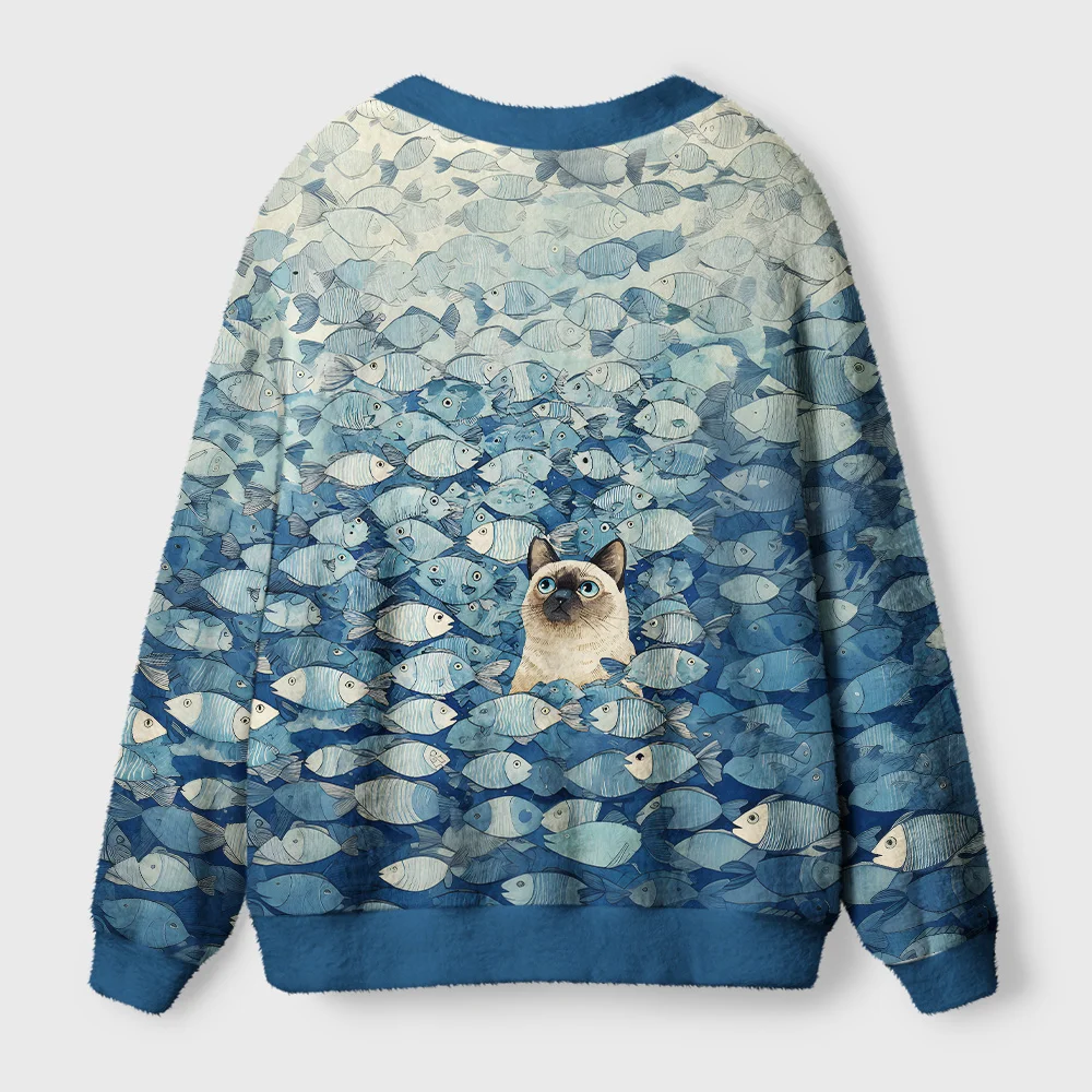Siamese Cat and Fish Cardigan Sweater Back view of the siamese cat and fish cardigan sweater showcasing the unique design and cozy fabric texture.