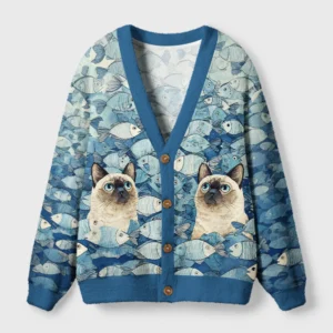 Front view of the siamese cat and fish cardigan sweater featuring a vibrant design with fish and cats in shades of blue.