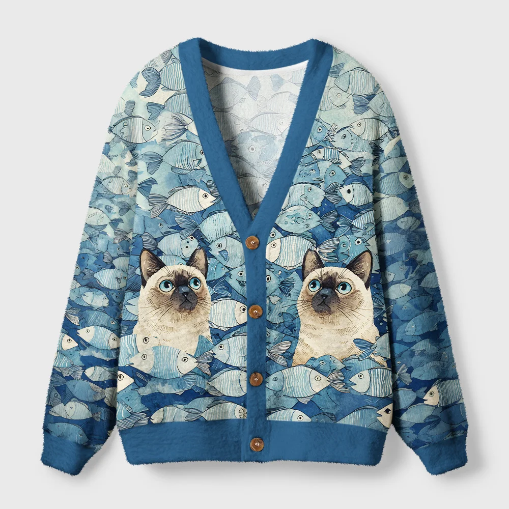 Siamese Cat and Fish Cardigan Sweater Front view of the siamese cat and fish cardigan sweater featuring a vibrant design with fish and cats in shades of blue.