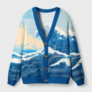 Front view of the great wave future cardigan sweater featuring a vibrant blue Japanese wave design.