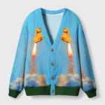 Front view of the goodbye earth dog cardigan sweater with a vibrant blue color and playful dog design.