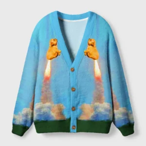Front view of the goodbye earth dog cardigan sweater with a vibrant blue color and playful dog design.