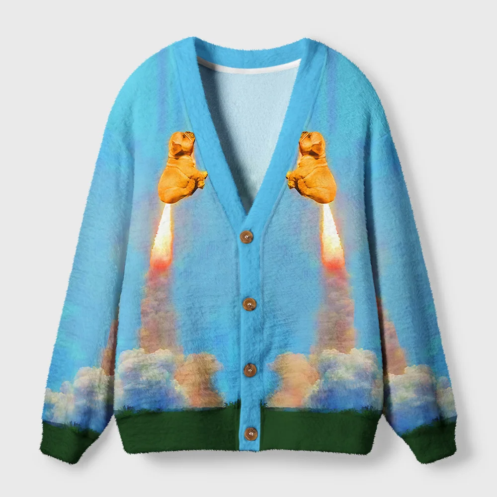Goodbye Earth Dog Cardigan Sweater Front view of the goodbye earth dog cardigan sweater with a vibrant blue color and playful dog design.