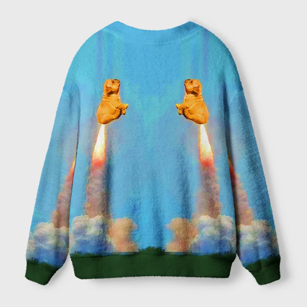 Goodbye Earth Dog Cardigan Sweater Back view of the cozy goodbye earth dog cardigan sweater showcasing the unique rocket dog graphics.