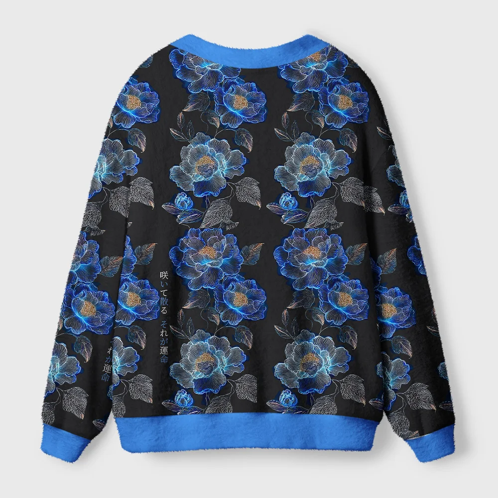 Sea of Flowers Cardigan Sweater | Floral Design Back view of the sea of flowers cardigan sweater showcasing the vibrant blue floral pattern against a black background.