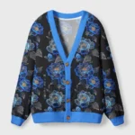 Front view of the sea of flowers cardigan sweater featuring a dark floral design with blue accents and wooden buttons.