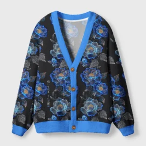 Front view of the sea of flowers cardigan sweater featuring a dark floral design with blue accents and wooden buttons.