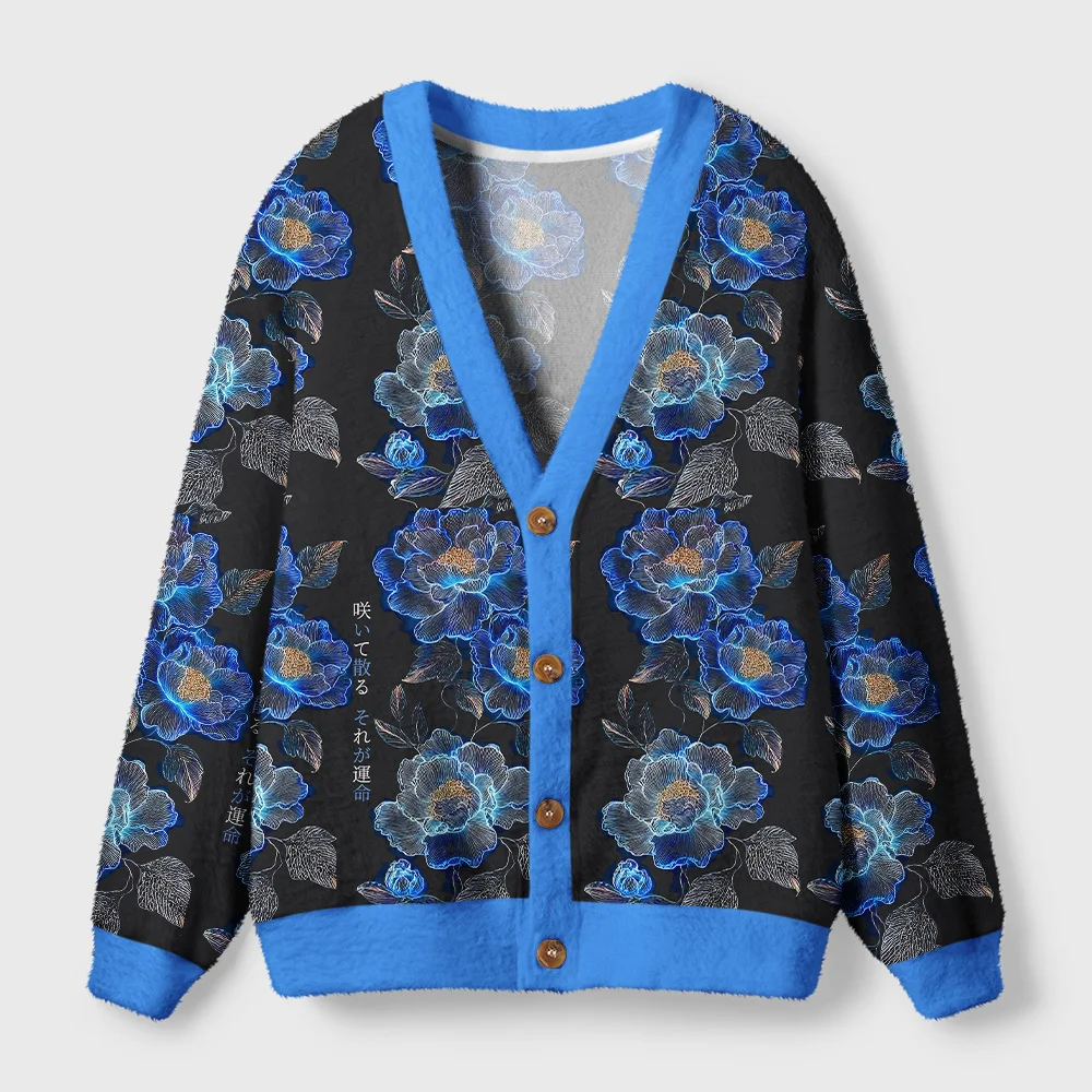 Sea of Flowers Cardigan Sweater | Floral Design Front view of the sea of flowers cardigan sweater featuring a dark floral design with blue accents and wooden buttons.