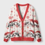 Front view of the Curious Christmas Cat Cardigan Sweater featuring festive cats and snowflakes in a vibrant design.