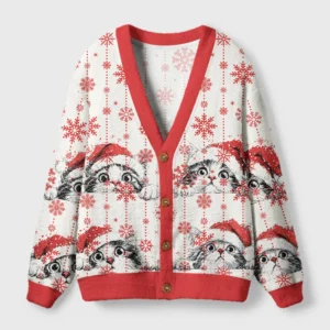 Front view of the Curious Christmas Cat Cardigan Sweater featuring festive cats and snowflakes in a vibrant design.