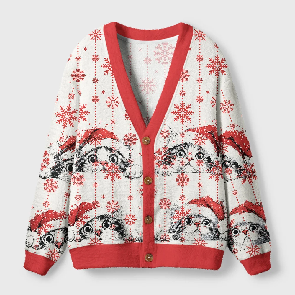 Curious Christmas Cat Cardigan Sweater Front view of the Curious Christmas Cat Cardigan Sweater featuring festive cats and snowflakes in a vibrant design.