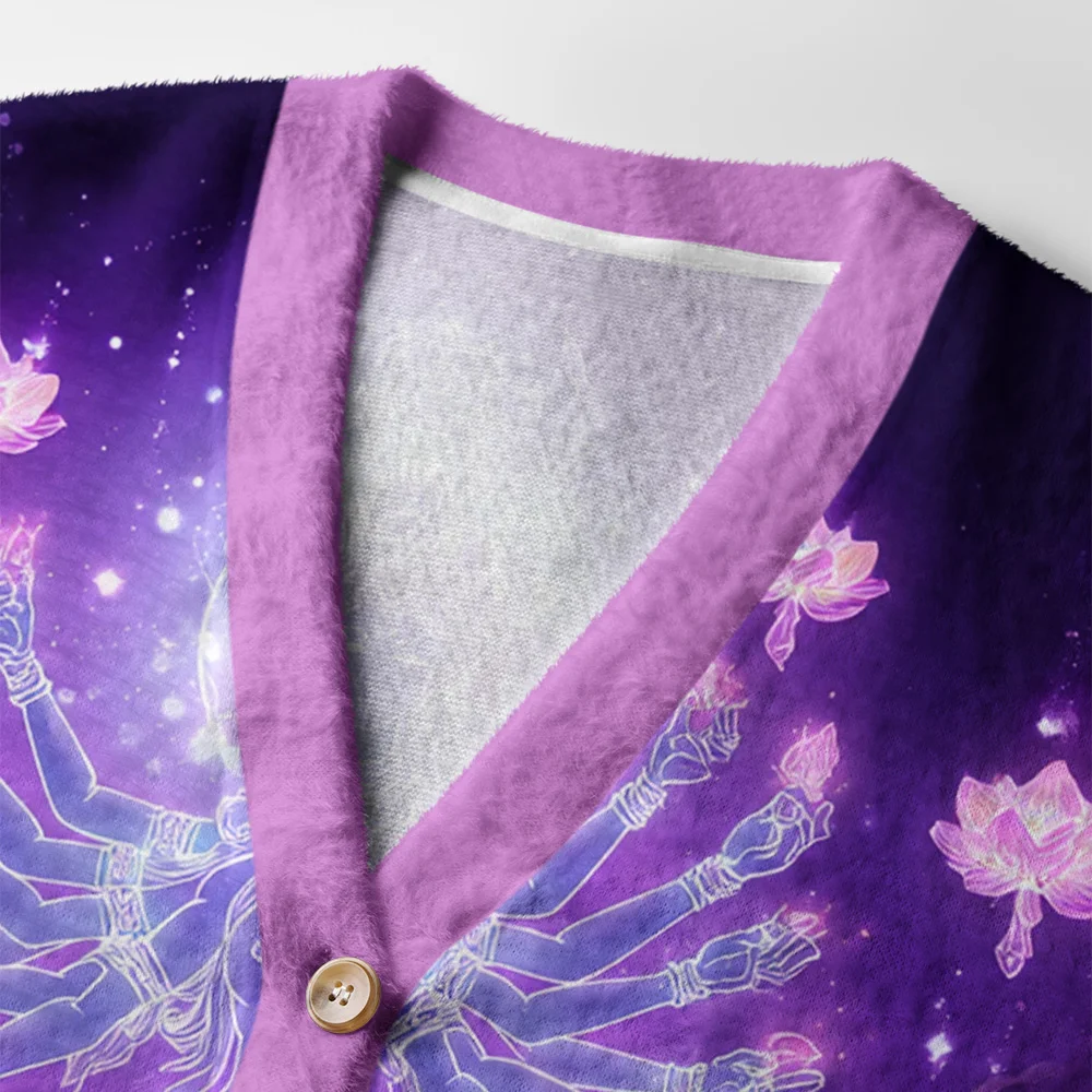 Thousand-Hand Lotus Bodhisattva Cardigan Close-up detail of the thousand-hand lotus bodhisattva cardigan's buttons and texture, emphasizing its quality and unique des