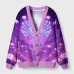 Front view of the thousand-hand lotus bodhisattva cardigan in purple, featuring vibrant lotus designs and soft fabric.