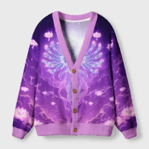 Front view of the thousand-hand lotus bodhisattva cardigan in purple, featuring vibrant lotus designs and soft fabric.