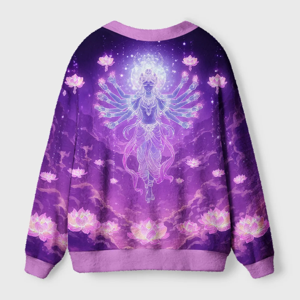 Thousand-Hand Lotus Bodhisattva Cardigan Back view showcasing the intricate thousand-hand lotus bodhisattva cardigan, highlighting the stunning artwork and rich color