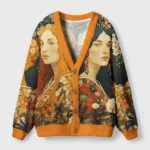 Front view of the botanical art design cardigan sweater in orange, featuring intricate floral patterns and a cozy fit.