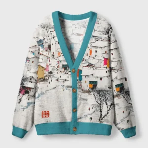 Front view of the white of winter cardigan sweater featuring a vibrant winter art design and teal trim.