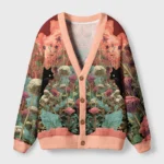 Front view of the mysteries of the garden cardigan sweater with vibrant floral design and cozy pink trim.