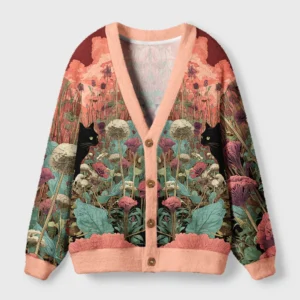 Front view of the mysteries of the garden cardigan sweater with vibrant floral design and cozy pink trim.