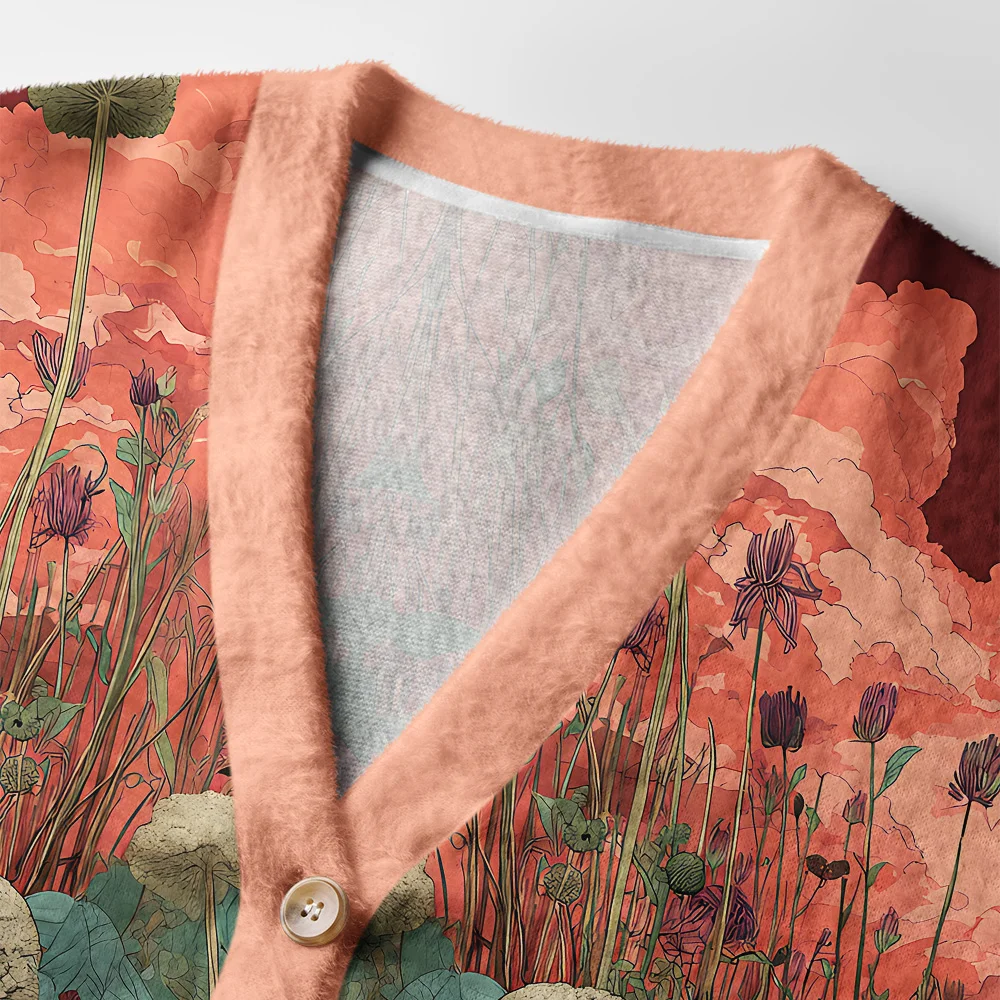 Mysteries of the Garden Cardigan Sweater Close-up of the mysteries of the garden cardigan sweater, highlighting button details and colorful flower graphics.