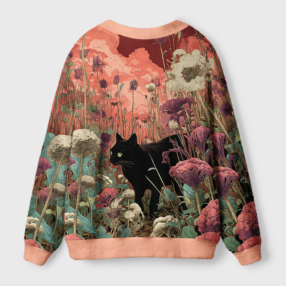 Mysteries of the Garden Cardigan Sweater Back angle of the mysteries of the garden cardigan sweater showcasing intricate botanical patterns and soft fabric.