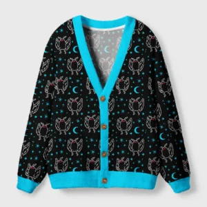 Front view of the midnight moth cardigan sweater featuring a vibrant turquoise trim and whimsical moth patterns.
