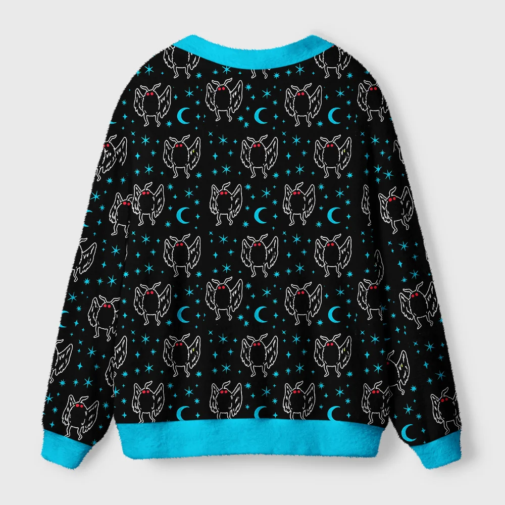 Midnight Moth Cardigan Sweater | Mystical Night Design Back view of the midnight moth cardigan sweater showcasing its cozy black fabric adorned with starry designs.