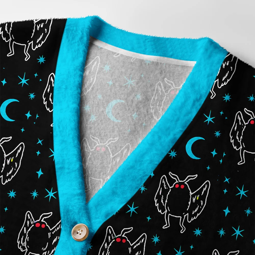 Midnight Moth Cardigan Sweater | Mystical Night Design Close-up detail of the midnight moth cardigan sweater highlighting the unique moth illustrations and soft texture.
