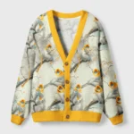 Front view of the golden monkeys cardigan sweater featuring a vibrant animal design and cozy yellow trim.