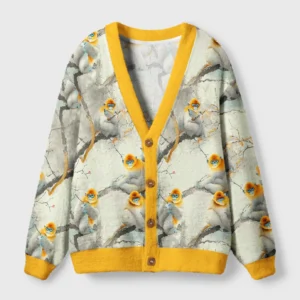 Front view of the golden monkeys cardigan sweater featuring a vibrant animal design and cozy yellow trim.