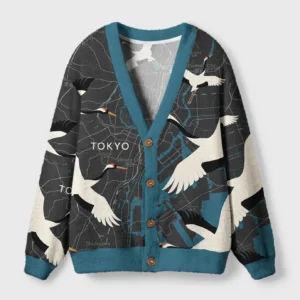Front view of the cranes subway cardigan sweater featuring a Tokyo city map and crane design in black and white.