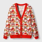 Front view of the Fox & Torii Cardigan Sweater featuring a vibrant fox and shrine design in red and white.