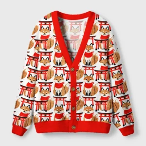 Front view of the Fox & Torii Cardigan Sweater featuring a vibrant fox and shrine design in red and white.