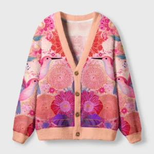 Front view of the Birdsong & Blossoms cardigan sweater showcasing vibrant floral and bird designs in pink hues.