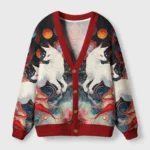 Front view of the fox of the rising sun cardigan sweater featuring vibrant Japanese fox design and red accents.